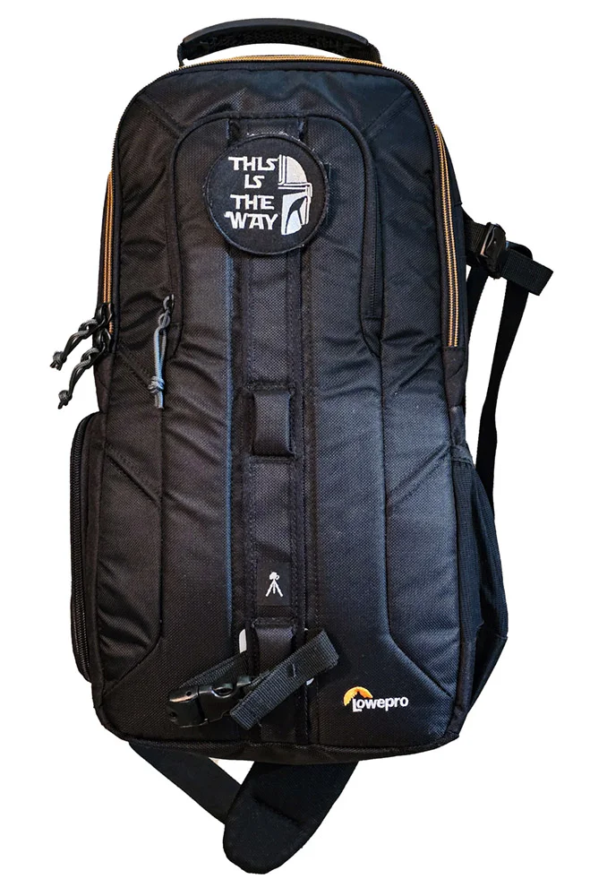 The author's black Lowepro Slingshot Edge 250 AW sling bag, front view, with a custom 'This Is The Way' patch