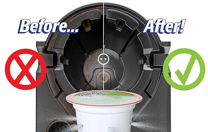 Before-and-after comparison of a Keurig pod holder, grimy with old residue on the left and clean on the right after using a cleaning pod