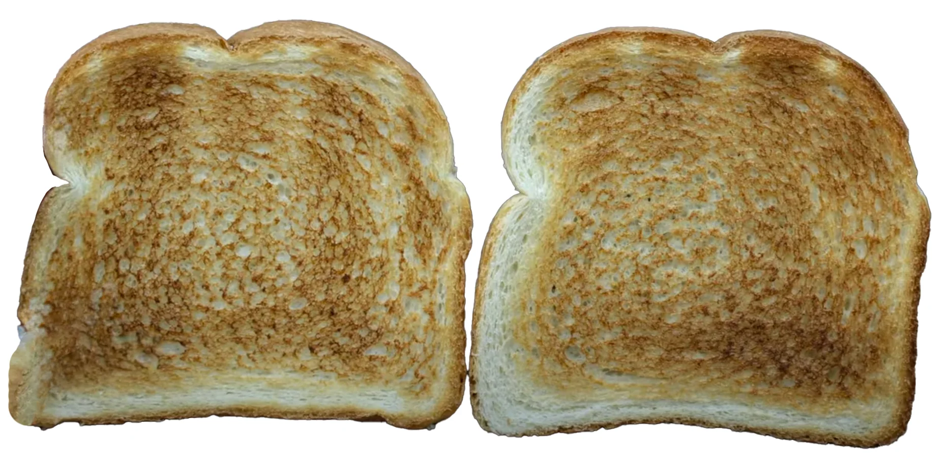 Two slices of bread toasted in the GE toaster, evenly golden brown