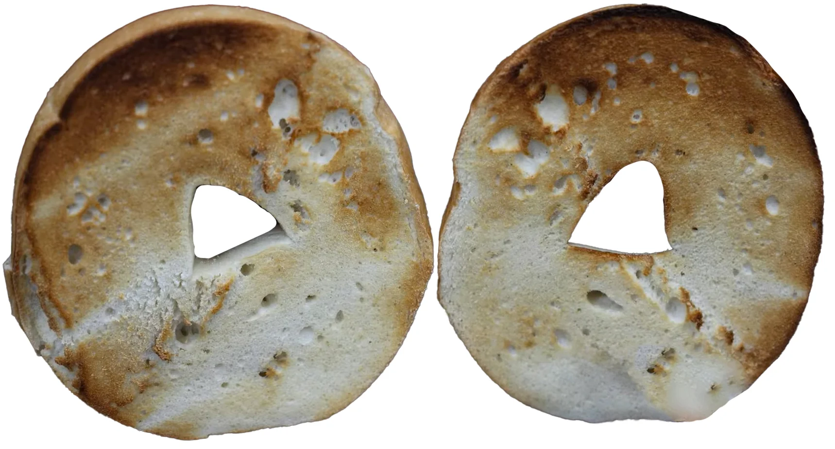 Two bagel halves toasted in the KitchenAid toaster, browning more on one side than the other