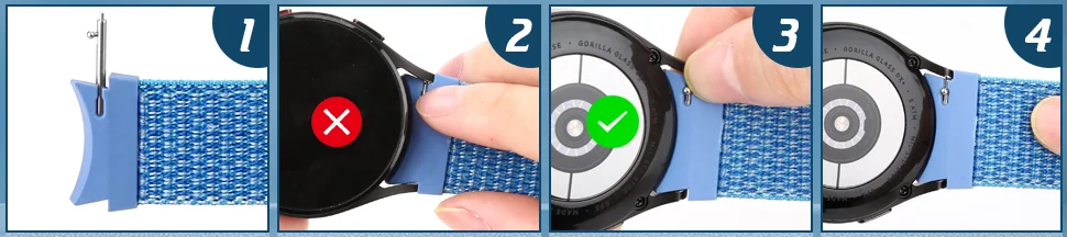 Four-step diagram showing how to attach the quick-release pins of the nylon band to a Samsung Galaxy Watch